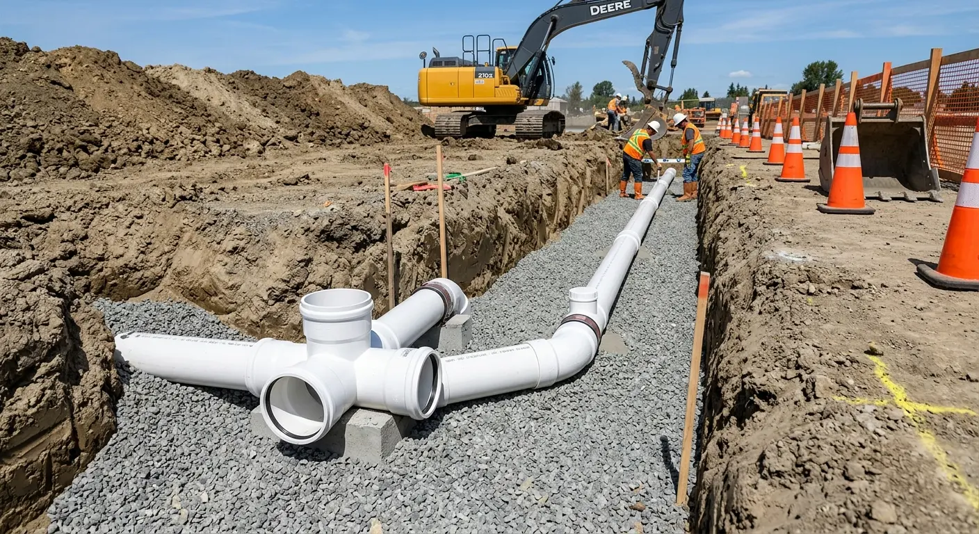 New PVC sewer pipe installation in open trench for Commercial Drain Cleaning in Bradford