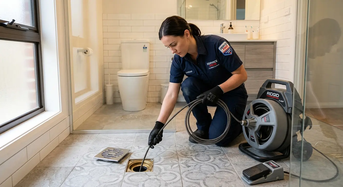 Technician clearing a bathroom floor drain for Sewer Line Replacement in Bradford